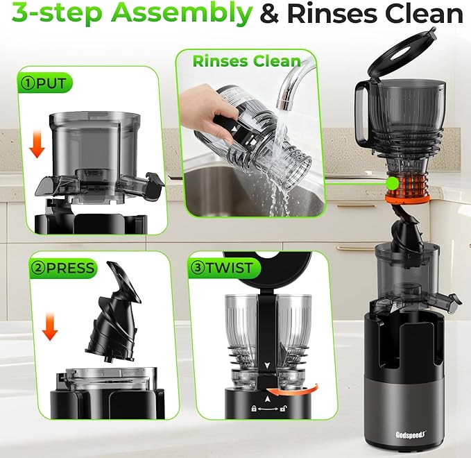 Godspeeds Juicer Machines with 5.8" Large Feed Chute, Slow Masticating Cold Press Juicer for Whole Fruits & Vegetables, Easy to Clean Design, High Juice Yield Home Juicer for Daily Wellness