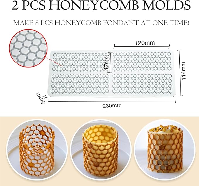 Jopgeey Honeycomb Molds Silicone (2 PCS) Fondant Tuile Molds with Hollow 3D Beehive Candy Silicone Lace Moulds for Baking, Polymer Clay, Sugar Craft Dessert Cupcake Cake Decorating