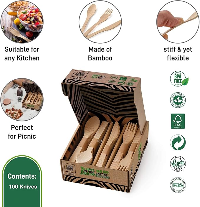 100% Bamboo Cutlery - Disposable Utensils, Reusable, Smooth Biodegradable Silverware 100 Set (100 Knives), Compostable Durable Flatware in a Premium Box