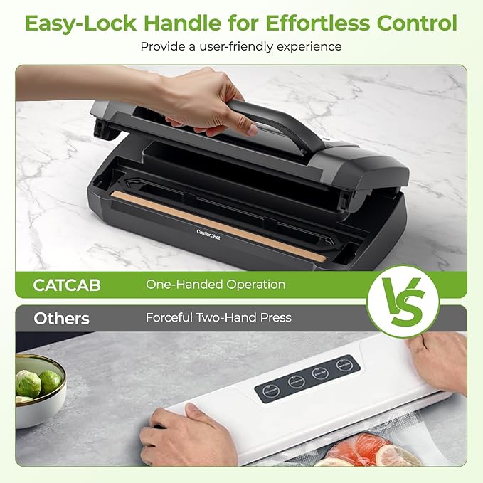 Vacuum Sealer for Food, 90kpa Powerful Food Sealer Vacuum Sealer Machine for Food Saver, 7-in-1 Multiple Modes for Dry/Moist, Easy-Lock Handle, Compact Design with 10 Vacuum Bags, Bag Cutter Included
