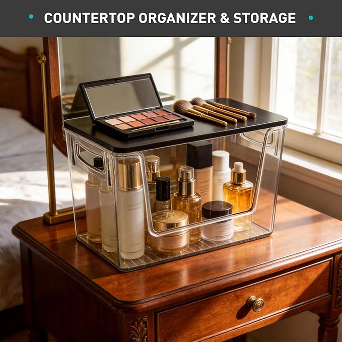 Pantry Organizers Storage, Under Sink Organizer Trash Bag Holder with Bamboo Lids Large Capacity Clear Storage Bins for Onion, Potato, Garlic, Canned Food Kitchen Countertop Organizer (Black lid)