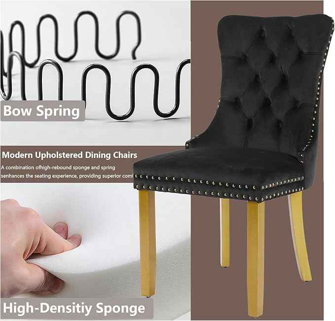 Velvet Dining Chairs Set of 2, Modern Tufted Dining Room Chair, Upholstered Dining Chairs with Lion Head Pulls Ring and Golden Solid Wood Legs, Luxury Kitchen Chairs for Dining Room, Black