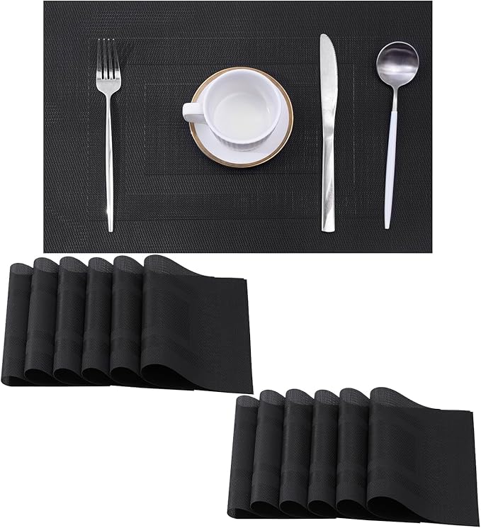 Leetaltree Black Frame Placemats Set of 24 - Heat Resistant Non-Slip Place mats for Dining Table, Washable Durable PVC Vinyl Woven Table Mats(Black Frame, 24)