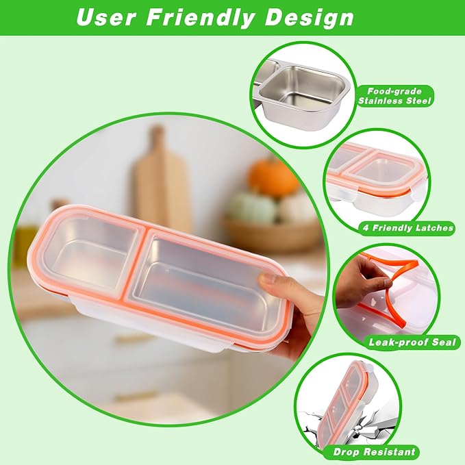Stainless Steel Snackle Container For Adults, Reusable Bento Lunch Box Snack Containers, 2-3 Compartment Divided Food For Home Work Travel (2 Pack)