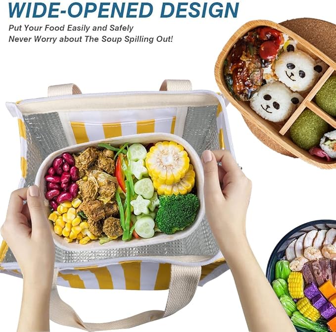 iknoe Insulated Lunch Bag for Women & Adults, 9L Foldable Wide-Open Cooler Bag with Pockets, Leakproof & Portable, for Picnic, Office, Beach(Yellow stripe)