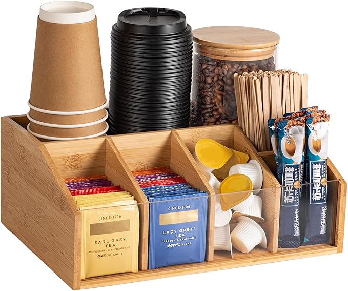 Bamboo Coffee Station Organizer for Countertop, Coffee Bar Accessories Organizer with 6 Compartments for Tea Bags Condiment, Pods, Creamer, Stirrer, Syrup, Cups