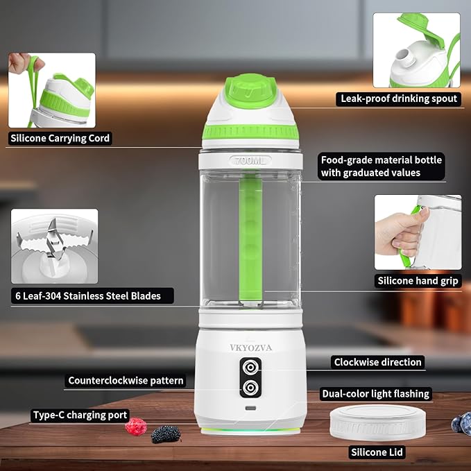 Portable Blender for Smoothies and Protein Shake, Cordless 24 oz Personal Juicer 300 Watt High Speed BPA Free Portable Blending Bottle with a Leakproof Lid (White Green)