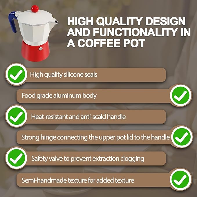 Aluminum 3 Cup 150ml Moka Pot Express Coffee Maker Stovetop Espresso Colorful Coffeemaker Italian Classic Style Brewing Greca Cafe Mocha Machine for Cafeteras Lover Camping Travel and Home Use 5oz