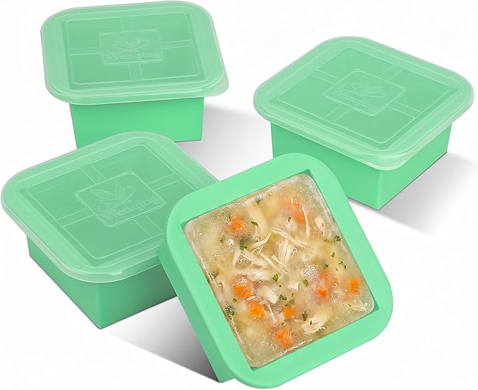Silicone Freezer Tray with Lid 4 Pack Silicone Freezer Molds Ice Cube Tray Makes 4 Perfect 2 Cup Portions Soup Cubes Meal Prep Containers- Oven & Dishwasher Safe