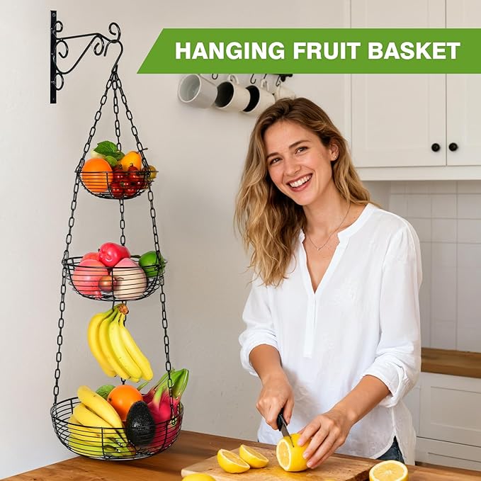 HULISEN 3 Tier Hanging Fruit Basket with Banana Hook, 36-Inch Heavy-Duty Wire Hanging Baskets for Kitchen Storage, Vegetable Produce Organizer (Including Installation Bracket)