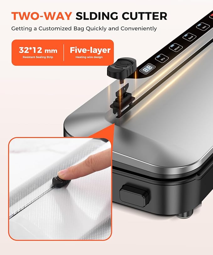 Vacuum Sealer Machine 75Kpa Precision Suction Power 6-in-1 Food Sealer with Digital Timer, Dry & Moist Food Modes, Compact Design with 10 Vacuum Bags & Built-in Cutter(Sliver)