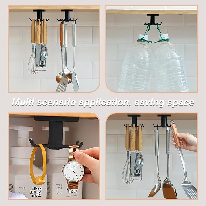 360° Rotating Kitchen Hooks, Adhesive Utensil Organizer Rack with 6 Hooks - No Drill Cabinet Mount for Spoons, Towels & Cups (2pcs)