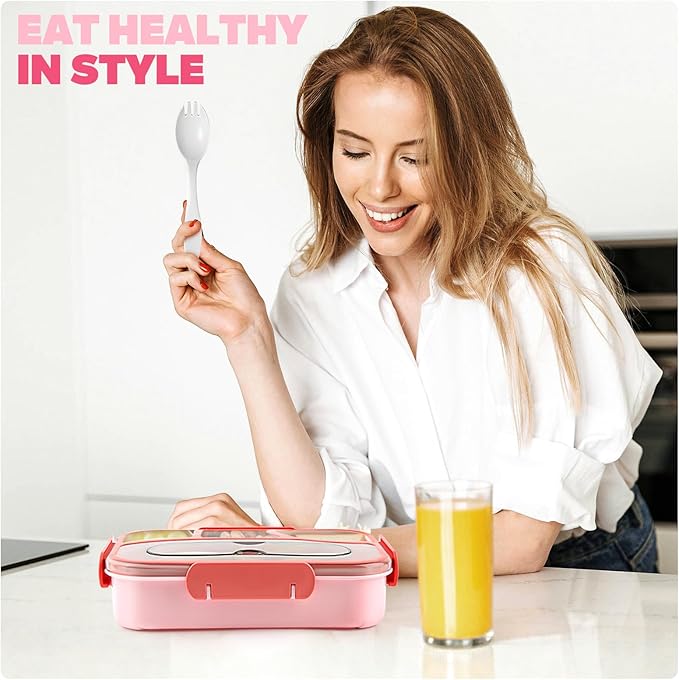 EASYFUN Bento Box Adult, Lunch Box, 4-Compartment Lunch Containers, Drop-Proof, Dishwasher Safe & Made with BPA-Free Materials (Pink)