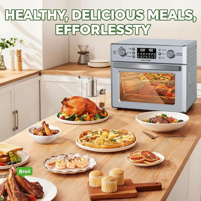 NutriChef 26L Electric Air Fryer Oven | 1700W Countertop Rotisserie & Air Fryer | 360° Rotating Feature | 10 Menu Presets | Includes Drip Tray, Air Frying Basket & Bake Rack 15x16x14 | Stainless Steel