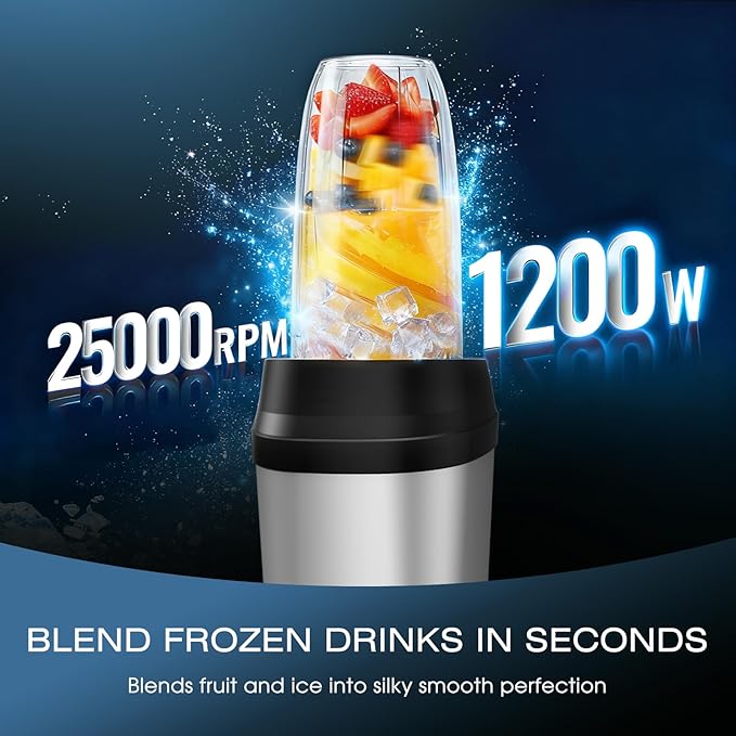 Nahida Blender for Smoothies, 1200W Smoothie Blender for Ice Crushing, Blenders with (2) 6-Fin Blades, Personal Blenders for Kitchen with 23oz, 32oz, 37oz Easy Go Cups for Juices, Silver