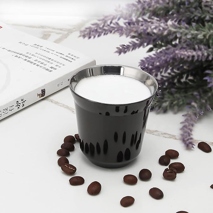 Easyworkz Stainless Steel Espresso Cup 2pcs Set Double Wall 5 oz, Bundled Espresso Steaming Pitcher Stainless Steel 12 oz Coffee Frothing Picther Milk Jug Cappuccino Latte Art Cup