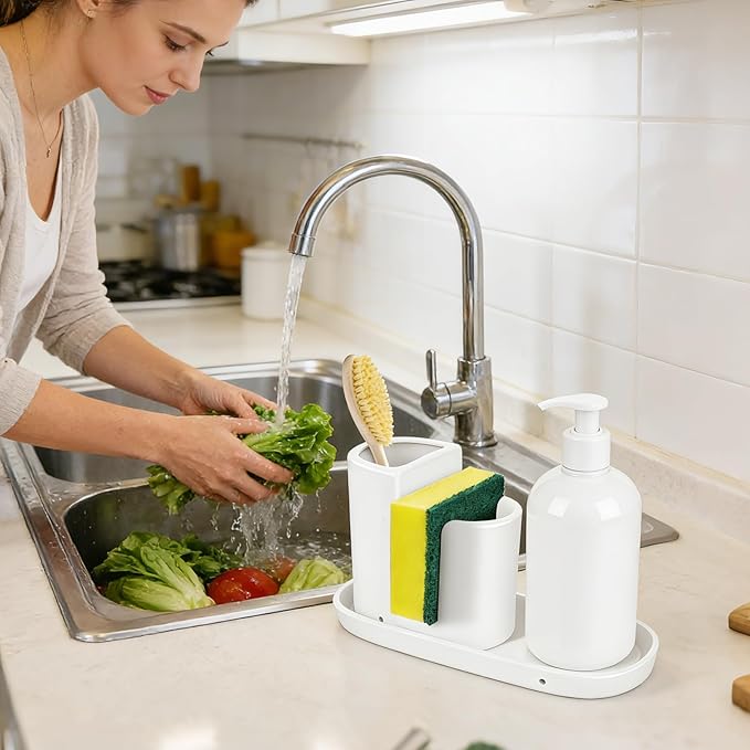 Ceramic Kitchen Sink Organizer Sponge Holder and Dish Brush Holder and Soap Tray for Kitchen Sink Organizer, White