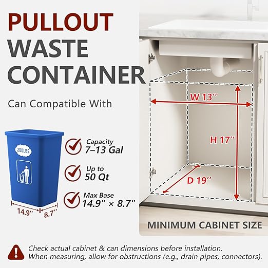 ANASTA Under Sink Trash Can Pull Out Trash Hidden for 30-50 Qt 7-13 Gallon Garbage Can Under 13" Wx19 Dx17 H Cabinet, Black Pull Out Kit with Full Extension Slide for Kitchen and Bathroom, No Bin