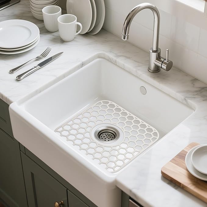 Bestjing 2 Pack Silicone Sink Protectors for Kitchen Sink - 12" x 11" Kitchen Grid Accessory, Non-Slip Heat-Resistant Mat for Bottom of Porcelain Stainless Steel, Dishwasher Safe (White)