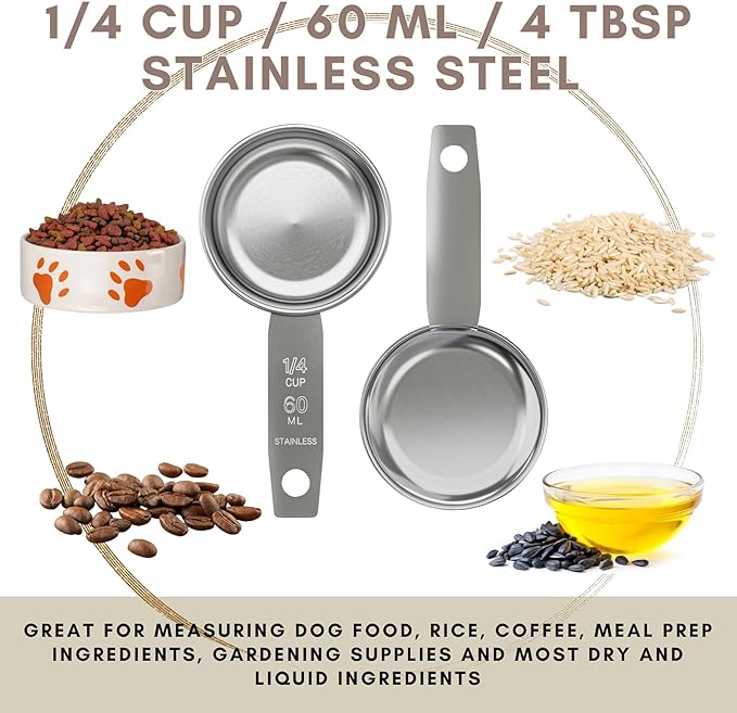 1/4 Cup Stainless Steel Measuring Cup | Sturdy Metal 60 ml | 60 cc | 2 oz | Single Cup for Wet and Dry Ingredients | Great for use as 1/4 Cup Dog Food Scoop - 1 PK
