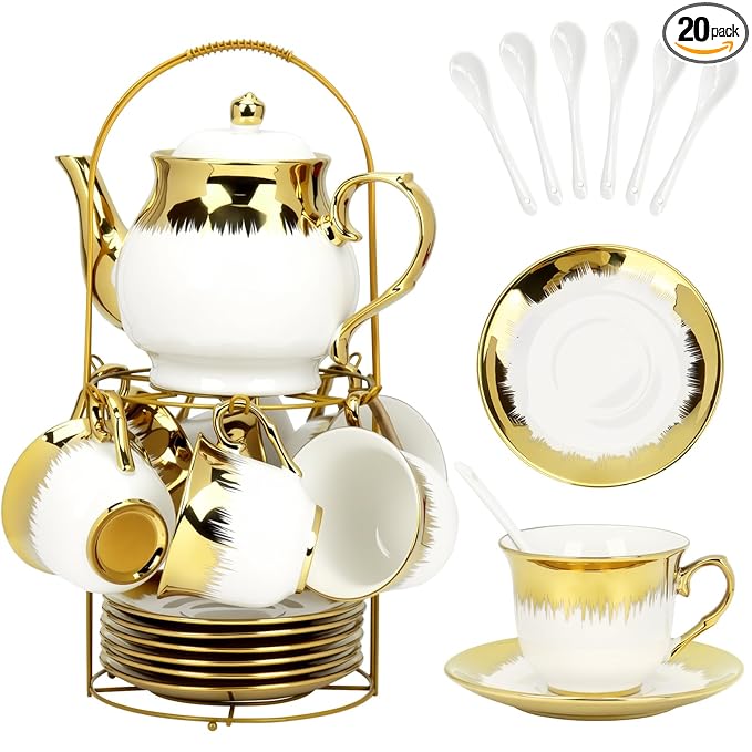 20 Pcs Porcelain Tea Set with Metal Holder and Spoon, European Ceramic Tea Set for Adults, European Flower Painting Teapot Cup Saucer Spoon Set for 6, 1000ML Gift Pack(White)
