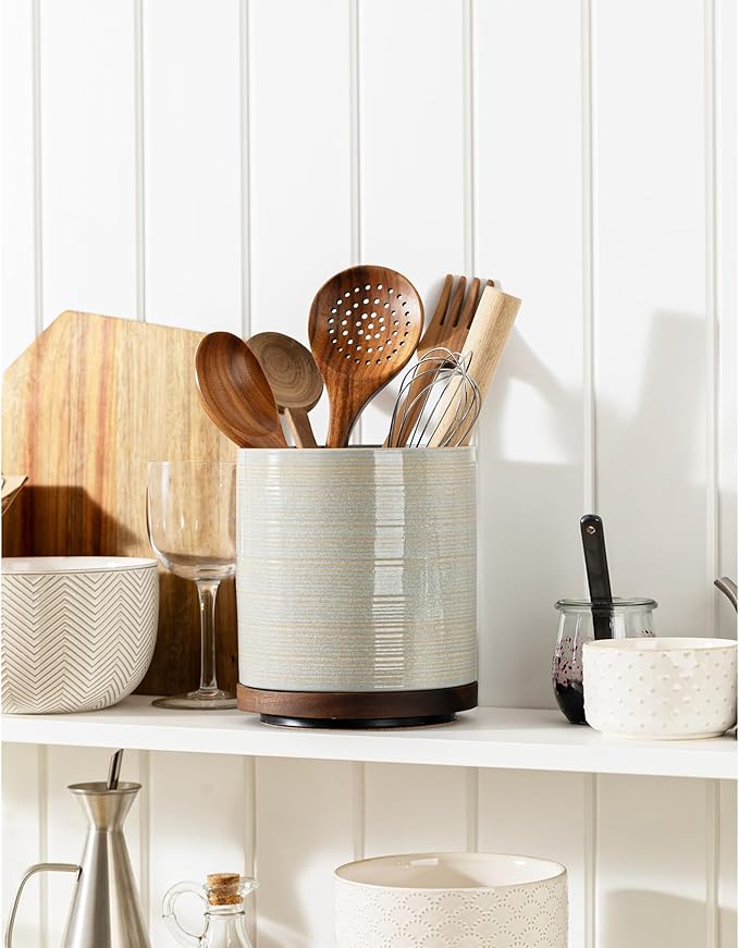 Utensil Holder, 360° Rotating Extra Large Ceramic Kitchen Utensil Holder for Countertop, 7.3" Cooking Utensil Crocks with Rotatable Wooden Base, Farmhouse Decor, Dusty Green