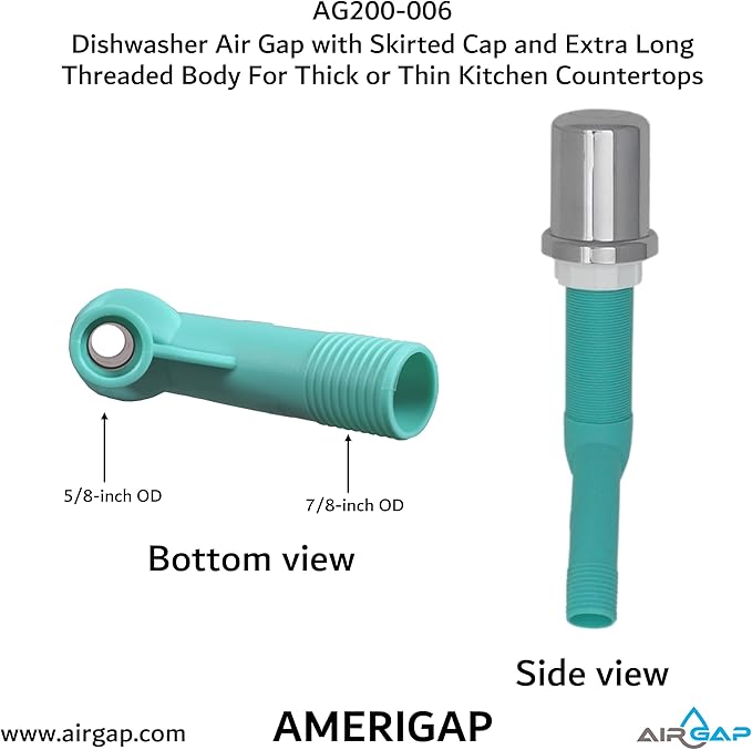 Dishwasher Air Gap with Skirted Cap and Extra Long Threaded Body for Thick or Thin Kitchen Countertops (AG200-006, AG200-003, 52, AMERIGAP)