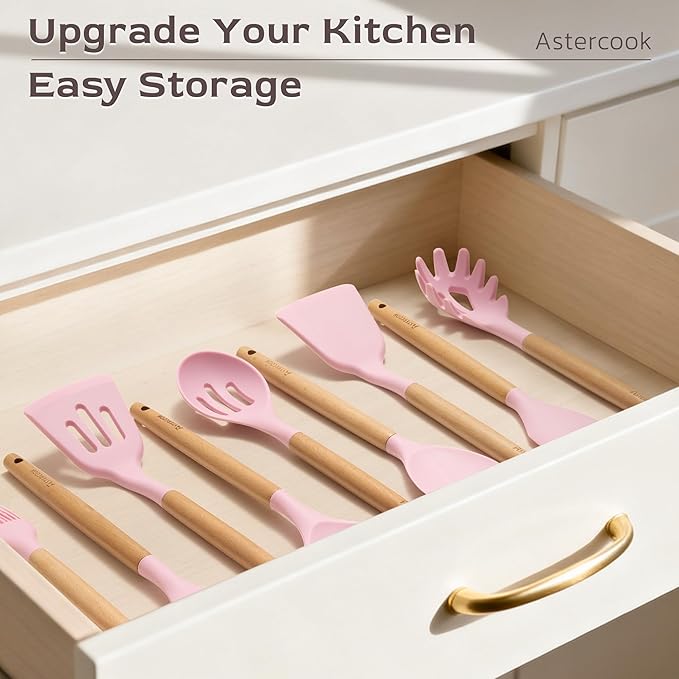 Astercook Kitchen Utensils set, 39 PCS Silicone Cooking Utensils Set with Wooden Handle, 446°F Heat Resistant Food Grade Utensil Sets, BPA Free Kitchen Gadgets Tools Set for Nonstick Cookware (Pink)