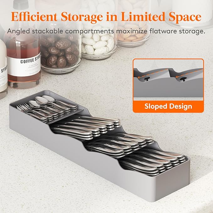 Lifewit Utensil Organizer for Kitchen Drawer,Narrow Silverware Tray for Kitchen Drawers, Bamboo Cutlery Silverware Flatware Holder