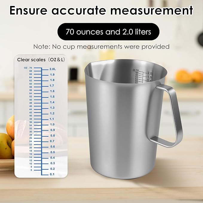 2 L Stainless Steel Pitcher with Lid, 70 OZ Large Metal Measuring Cup with Marking & Handle, Large Mouth Graduated Beakers, Milk Frothing Jug Metal Pitcher for Coffee Latte Art, Hot/Cold Water