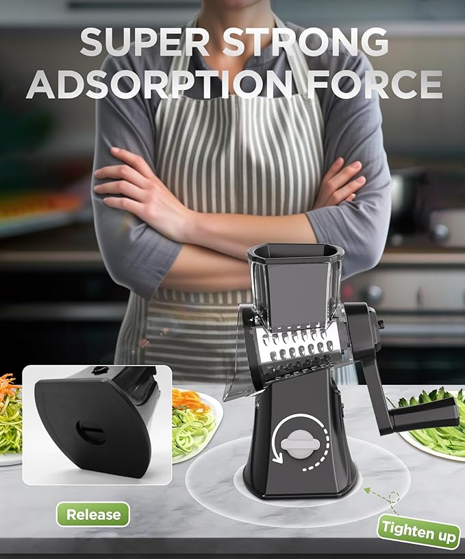 Rotary Cheese Grater Hand Crank, Cheese Shredder/Slicer/Chopper with Large Caliber and Strong Suction Base, 3 Blades for Potatoes/Nuts/Vegetables, Easy to Use Clean for Home