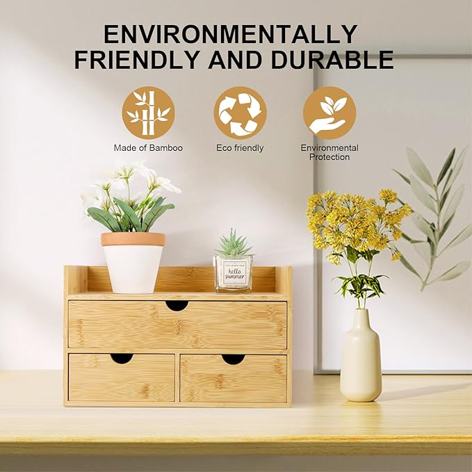 Charmewooden Bamboo Desk Organizer 3 Drawer with Shelf, Countertop Organizer with Drawers Makeup Storage Drawer 3 Drawers Tabletop Storage Organization Box Home Office Workspace