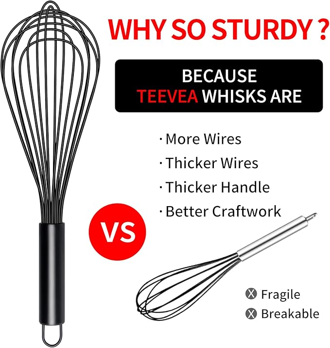 TEEVEA Silicone Whisk Set of 3 Non Scratch Non Stick Silicone Coated Stainless Steel Wire Whisks Heat Resistant 480°F Kitchen Wisk for Cooking Blending Whisking Tool Black