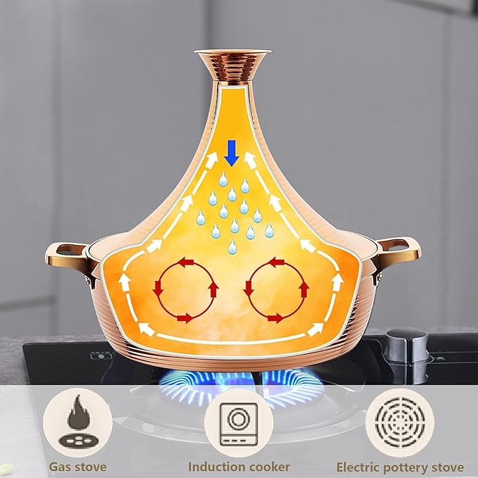 Moroccan Tagine Cooking Pot: 304 Stainless Steel Tagine Pot with 2 Handles,Large Slow Cooker Casserole with Cone-Shaped Lid, Non Stick Moroccan Pots for Cooking,29cm (Gold)