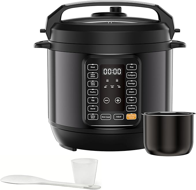 Simple Deluxe 8QT Electric Pressure Cooker, 16-in-1 & Non-Stick Stainless Steel Multi Cooker with 12 Presets for Slow Cook, Meat Stew, Steam, Sauté, Canning, Yogurt Maker, Dishwasher Safe, Black