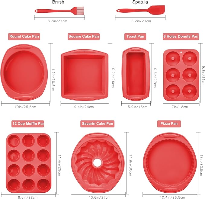 9-in-1 Nonstick Silicone Baking Pan Set, Fluted Cake Muffin Loaf Bread Pizza Cupcake Mold Tray, Heat Resistant Bakeware Utensils Kit