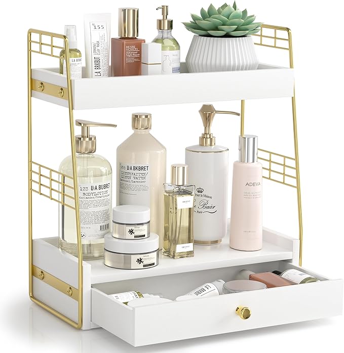 Bathroom Counter Organizer with Drawer, Slim 2-Tier Vanity Countertop Storage Shelf for Skincare, Toiletries & Small Essentials (White)
