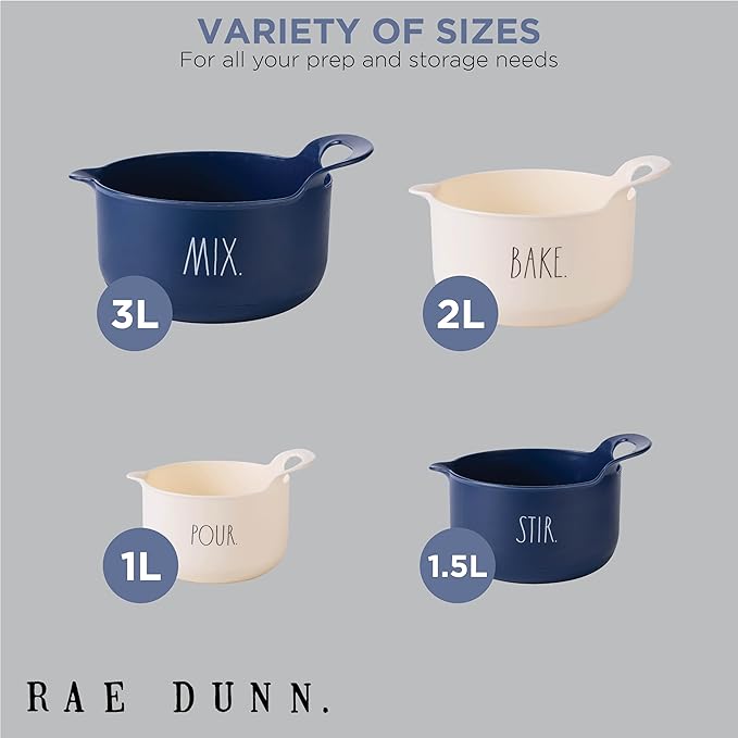 Rae Dunn Non-Slip Mixing Bowls - 4 Piece Nesting Plastic Mixing Bowl Set with Pour Spouts and Handles-Measurement Markings (Cream)