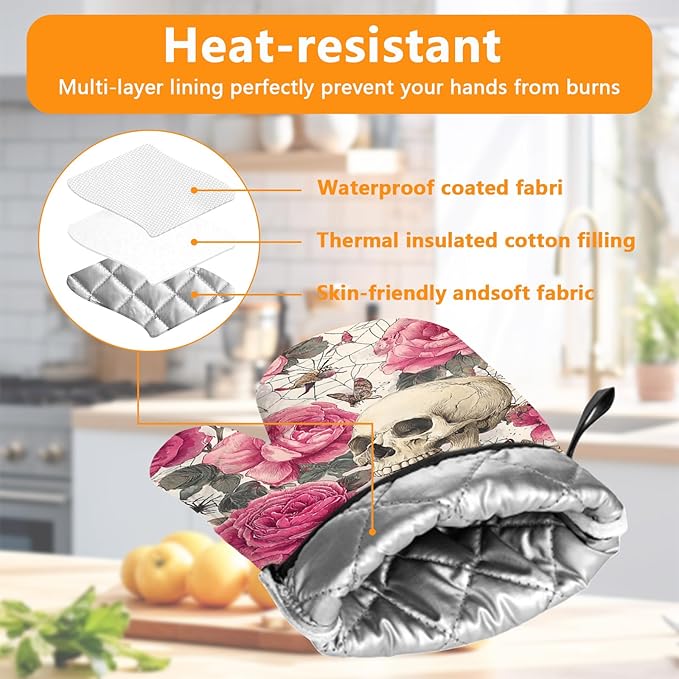 Skull Rose Oven Mitts and Pot Holders Sets 4Pcs Silicone Non-Slip Mitts Heat Resistant Gloves Hot Pads for Kitchen Cooking Baking Grilling BBQ