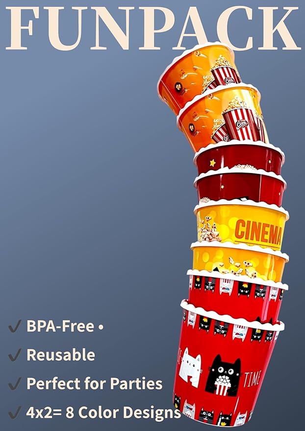 Modern Style Reusable Plastic Popcorn Box/Popcorn Containers/Popcorn Bowls Set for Movie Theater Night - (BPA Free - 8 Pack - 75 oz) (Popcorn Mix Z)