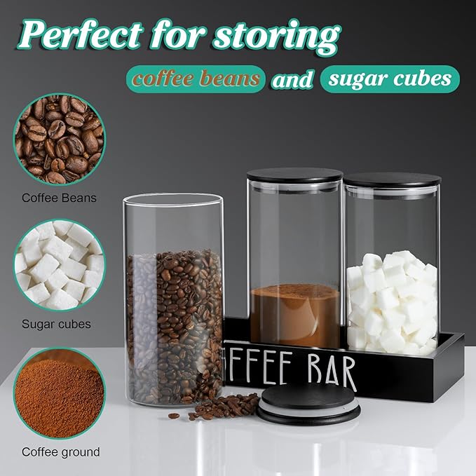 Glass Coffee Canister for Ground Coffee - 3Pcs 45oz Coffee and Sugar Container Set with Airtight Bamboo Lids and Black Tray - Farmhouse Coffee Bean Storage Jars for Coffee Bar Decor and Accessories