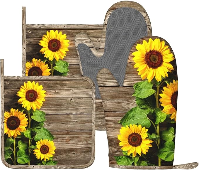 Sunflower Wooden Retro Oven Mitts and Pot Holders Sets of 4, Heat Resistant Silicone Oven Mittens and Potholders Gloves Hot Pads for Kitchen Cooking Baking Grilling BBQ Chef