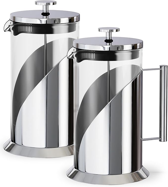 Cafe Du Chateau Stainless Steel French Press Coffee Maker 34 oz – Insulated Coffee Press with 4-Level Filtration, Manual Brewer for Tea, Camping & Travel, BPA-Free Glass (Pack of 2)