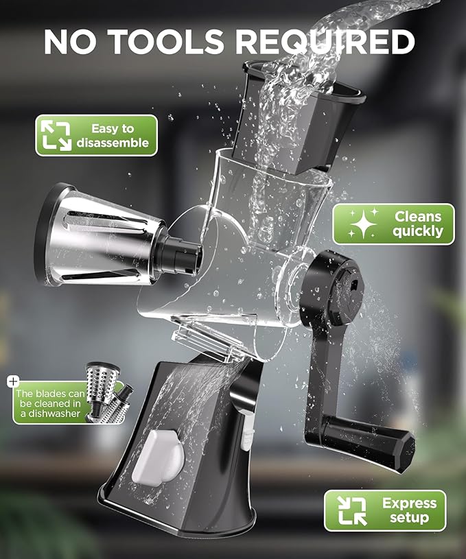 Rotary Cheese Grater Hand Crank, Cheese Shredder/Slicer/Chopper with Large Caliber and Strong Suction Base, 3 Blades for Potatoes/Nuts/Vegetables, Easy to Use Clean for Home