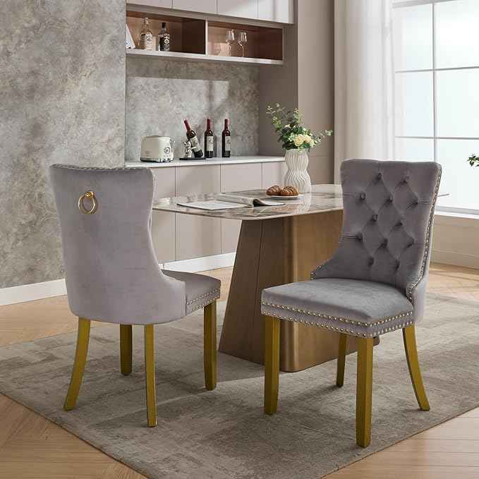 Velvet Dining Chairs Set of 2, Kitchen & Dining Room Chairs, Upholstered Dining Chairs with Back Ring Pull and Golden Solid Wood Legs, Modern Tufted Kitchen Chairs for Dining Room, Light Grey