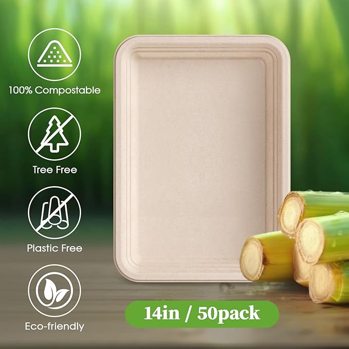 ECOLipak 50 Pack 14 Inch Disposable Food Crawfish Trays, Compostable Large Paper Plates, Disposable Thanksgiving Trays for Serving Food, Turkey, BBQ, Seafood Boil Party Supplies(Nature)