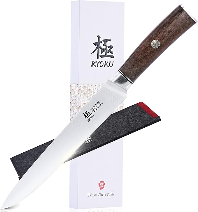KYOKU 8 Inch Carving Knife - Daimyo Series - Meat and Fruit Slicing Knife with Ergonomic Rosewood Handle, & Mosaic Pin - Japanese Style 440C Stainless Steel Kitchen Knife with Sheath & Case