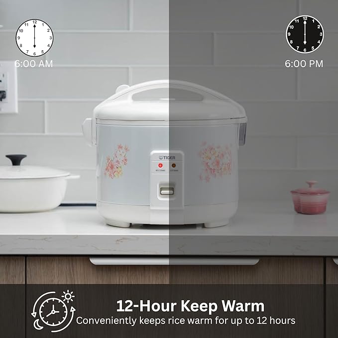 Tiger JNP-0550-LF 3 Cup Capacity White Rice Cooker with Non-Stick Inner Pot, Retractable Power Cord, and Keep Warm up to 12 hours (Flower)