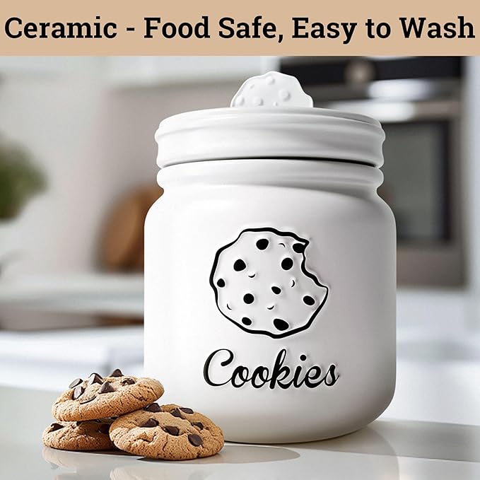 HB Design Co. Cookie Jar with Airtight Lid - 6" D x 8" H Matte White Ceramic Cookie Jar with Rubber Lined Lid - Large Cookie Jars with Lids Airtight - Farmhouse Cookies Jar for Kitchen Counter