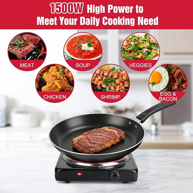 Electric Countertop Burner, 1500W Cooktop with Cast Iron Hot Plate, 5 Level Temperature Control, Easy to Clean, Indicator Lights, Cooking Stove for Office Home Camping RV